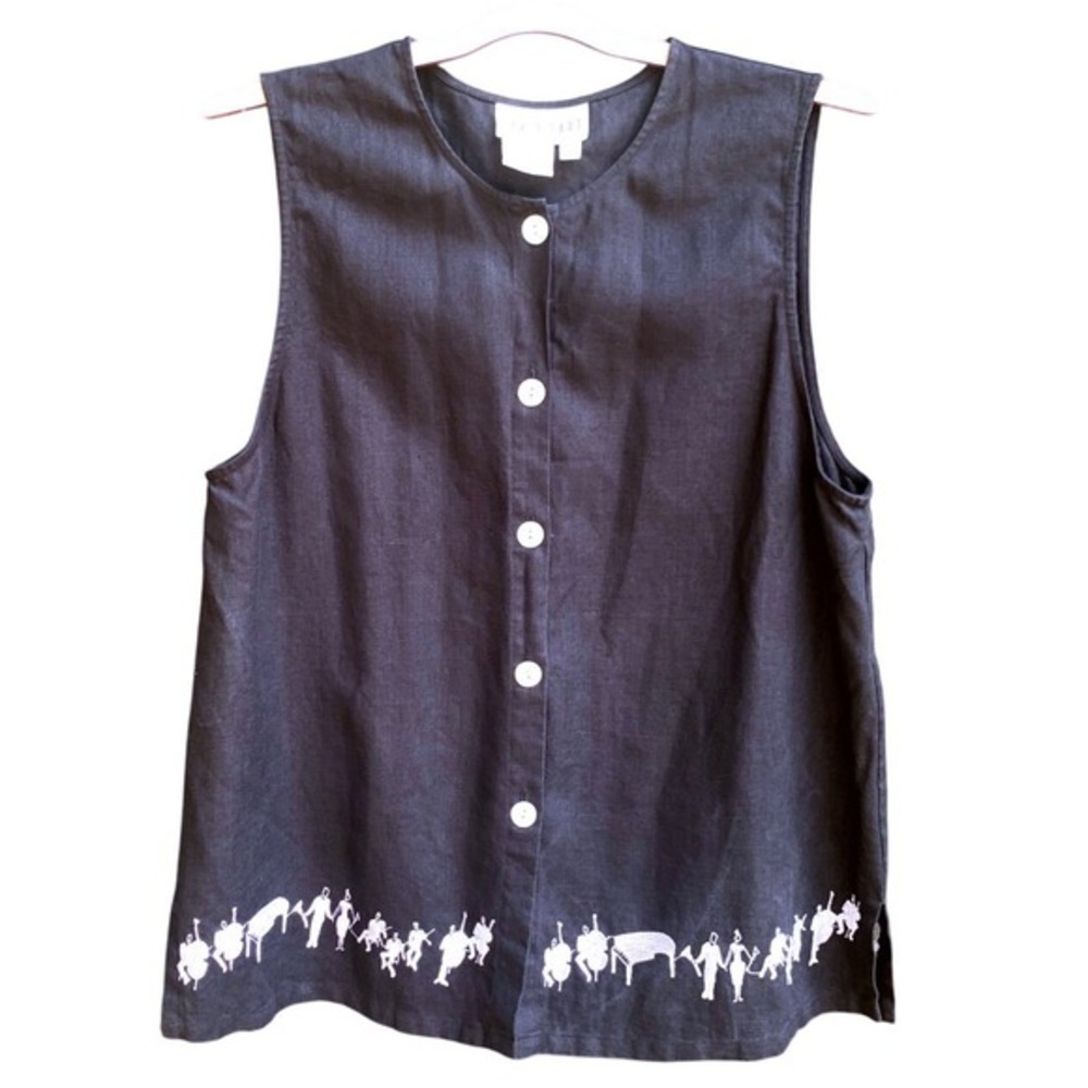 David Dart Collection Linen Sleeveless Top Musical Motif Button Front Size Small